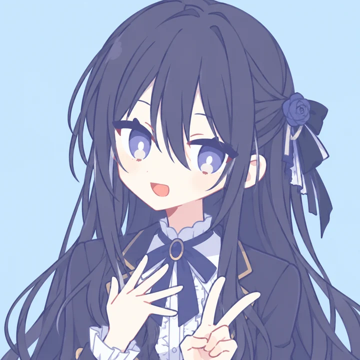Sumi：深灰紫长发、堇色眼睛，发间别着紫玫瑰和深色缎带，穿金边制服，笑着比耶