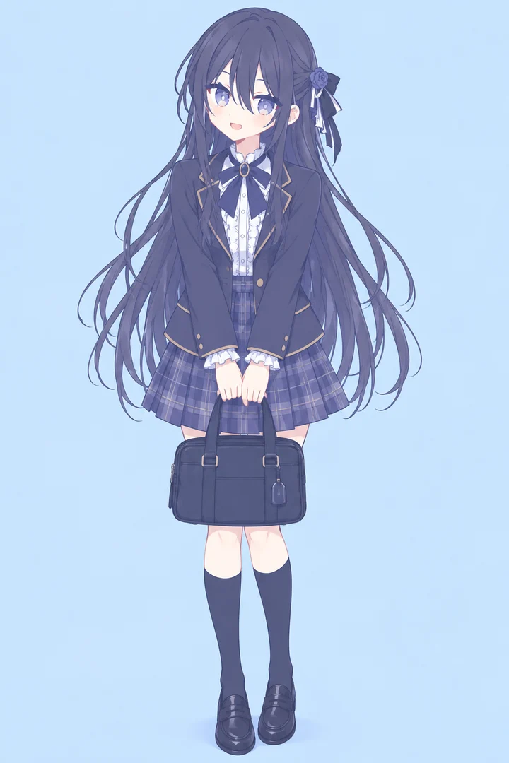 Sumi 的全身立绘：深色学院制服、格纹百褶裙，双手提着书包